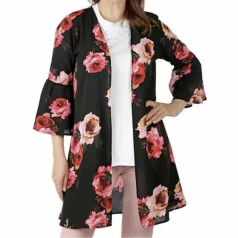 NEW Bellina Black Red Pink Floral Kimono Swim Coverup Size Small bin 3A